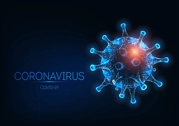 Célula covid-19 del Coronavirus poligonal bajo brillante futurista aislada sobre fondo azul oscuro . — Vector de stock