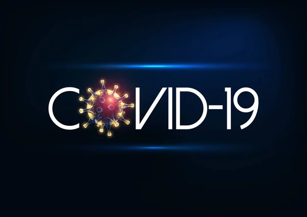 Futuristische covid-19-Inschrift, offizieller Name des Coronavirus mit glühend niedriger polygonaler Viruszelle — Stockvektor