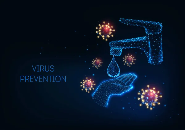 Prévention de la propagation du virus futuriste, concept de lavage des mains isolé sur fond bleu foncé . — Image vectorielle