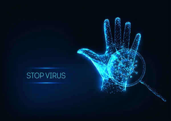 Concept futuriste d'arrêt du virus CORONA avec une main humaine polygonale et une cellule virale lumineuses — Image vectorielle