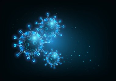 Gelecekçi Coronavirus Covid-19 web pankart şablonu koyu mavi üzerinde parlayan düşük poli virüs hücreleri