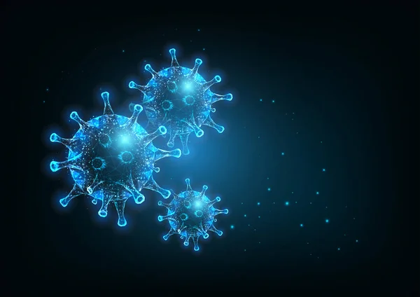 Futuristic Coronavirus Covid-19 web banner template with glowing low poly virus cells on dark blue - Stok Vektor