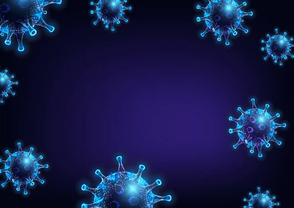 Futuristische Coronavirus, Covid-19 Web-Banner-Vorlage mit glühend niedrigen polygonalen Viruszellen — Stockvektor