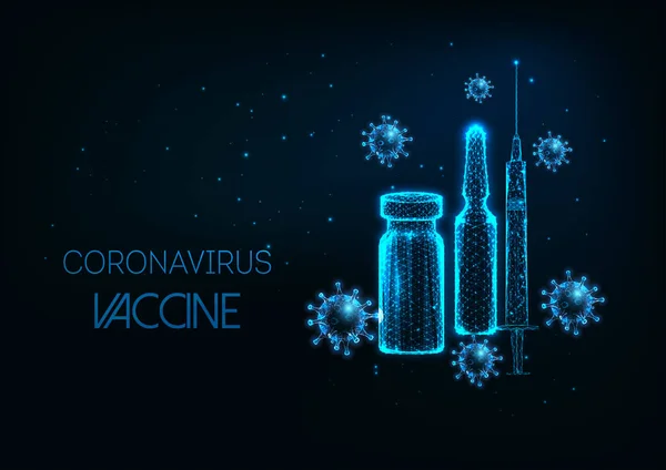 Concepto de vacuna Futuristic Coronavirus Covid-19 con ampollas, jeringas y células virales bajas y brillantes — Vector de stock