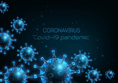 Gelecekçi Coronavirus, Covid-19 web pankart şablonu parlayan düşük çokgen virüs hücreleri