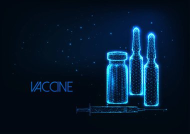 Parlayan düşük çokgen ampule sahip fütüristik aşı araştırma konsepti, koyu mavi şırınga.