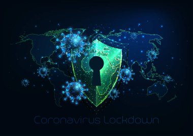 Gelecekçi covid-19 koronavirüs küresel kilitleme, karantina konsepti