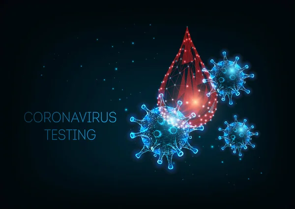 Futuristic covid-19 konsep diagnostik coronavirus dengan sel-sel virus poli rendah bersinar dan tes darah - Stok Vektor