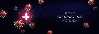 Gelecekçi bağışıklık sistemi koronavirüs Covid-19 hastalık konseptine karşı korunuyor ve koyu mor arka planda parlayan düşük polyester kalkan ve virüs hücreleri var. Mikrobiyoloji, bağışıklık bilimi. Vektör illüstrasyonu.