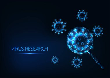 Futuristic coronavirus sars-cov2 research concept with glowing low poly virus cells under magnifying glass on dark blue background. Virology, immunology, microbiology. Modern wireframe mesh design clipart