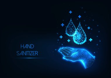 Antiseptik sıvı web pankartlı, parlak düşük çokgen insan eli ve su veya koyu mavi arka planda izole edilmiş jel damlaları olan gelecekçi yıkama elleri. Modern tel çerçeve ağ tasarım vektörü resmi,