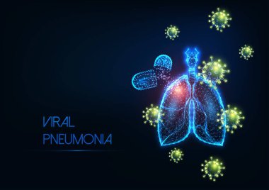 Gelecekçi covid-19 koronavirüs viral pnömoni tıbbi tedavi konsepti. Parlayan düşük çokgen insan akciğerleri, virüs hücreleri ve koyu mavi arka planda kapsül hapları. Modern tel çerçeve ağ tasarımı.