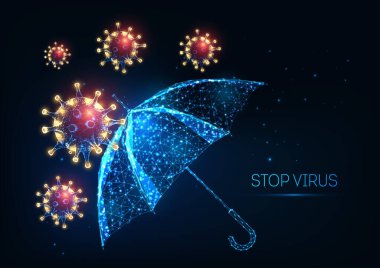 Parlayan düşük çokgen virüs hücreleri ve koyu mavi arka planda şemsiyesi olan gelecekçi covid-19 koronavirüs hastalığı koruma kavramı. Bağışıklık sistemi savunması. Modern tel çerçeve ağ tasarım vektörü