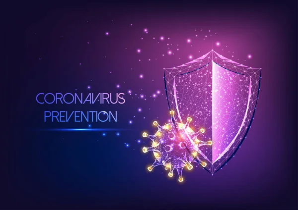 在暗紫色背景下 用发光的低多面盾和病毒细胞保护未来免疫系统 使其免受高头牛Covid 19病的侵袭 微生物学 免疫学矢量说明 — 图库矢量图片