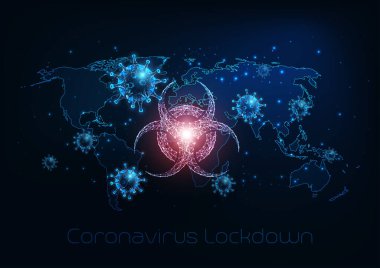 Parlayan düşük çokgen virüs hücreleri, asma kilit ve koyu mavi arka planda dünya haritası olan koronavirüs COVID-19 hastalığından kaynaklanan gelecekçi küresel biyolojik tehlike. Modern kablo örgüsü ağ tasarımı vektör çizimi.