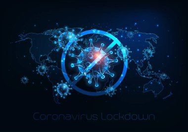 Koronavirüs COVID-19 hastalığı yüzünden gelecekteki küresel kilitleme. Parlayan düşük çokgen virüs hücreleri, asma kilit ve koyu mavi arka planda dünya haritası. Modern tel çerçeve ağ tasarımı vektör çizimi.