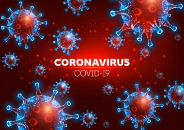Gelecekçi Coronavirus 2019-ncov, Covid-19 web pankart şablonu kırmızı zemin üzerinde parlayan düşük çokgen virüs hücreleri. Virüs salgını alarmı. Modern tel çerçeve ağ tasarımı vektör çizimi.