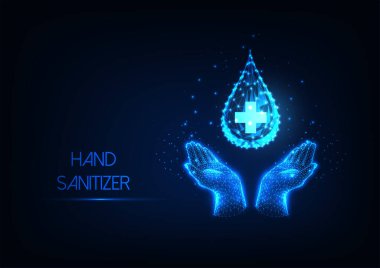 Antiseptik sıvı web pankartlı, parlak düşük çokgen insan eli ve su ya da jel damlaları ile koyu mavi arka planda izole edilmiş geleceksel yıkama elleri. Modern tel çerçeve ağ tasarım vektörü resmi,