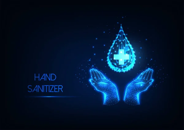 暗い青の背景に隔離された輝く低多角形の人間の手と水やゲル滴と防腐剤の液体のWebバナーと未来的な洗浄手 現代のワイヤフレームメッシュデザインベクトル画像 — ストックベクタ