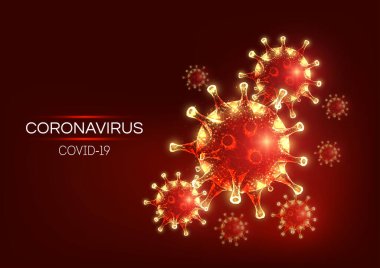 Gelecekçi Coronavirus 2019-ncov, Covid-19 web pankart şablonu kırmızı zemin üzerinde parlayan düşük çokgen virüs hücreleri. Virüs salgını alarmı. Modern tel çerçeve ağ tasarımı vektör çizimi.
