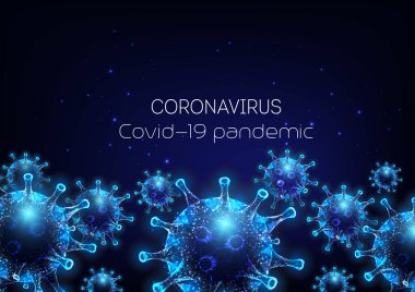 Gelecekçi Coronavirus 2019-nCoV, Covid-19 web pankart şablonu koyu mavi arka planda parlayan düşük çokgen virüs hücreleri. Virüs salgını alarmı. Modern tel çerçeve ağ tasarım vektörü