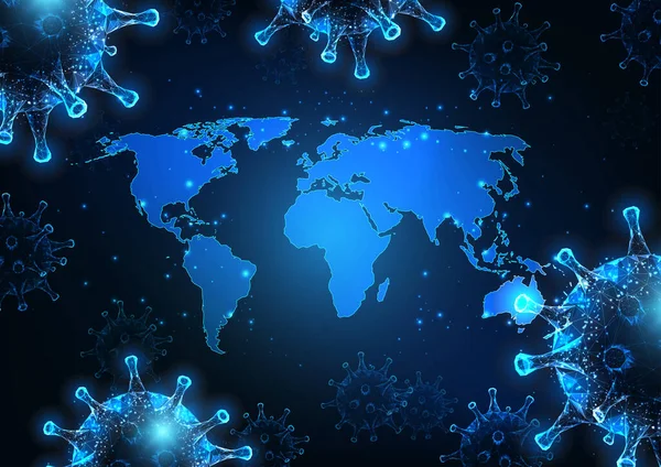 Futuristická covid-19 koronavirus globální Pandemická koncepce se zářivou poly mapa světa a virových buněk — Stockový vektor