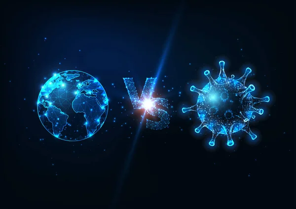 Planeta Futurista Terra Vs coronavírus luta conceito com brilho baixo globo poli e célula de vírus . — Vetor de Stock