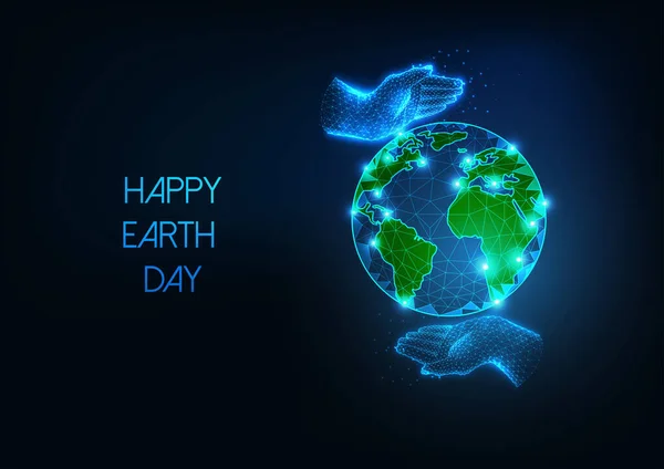 Banner web del Día de la Tierra feliz con globo planetario poligonal bajo brillante futurista y manos humanas cariñosas — Vector de stock