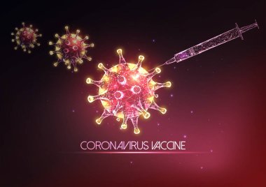 Parlayan düşük polienjektör ve virüs molekülleriyle gelecekteki Coronavirus Covid-19 aşı konsepti