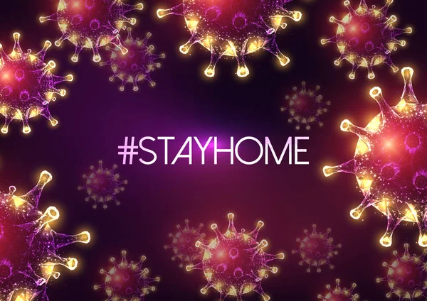Оставайтесь дома, спешите вдохновение в окружении молекул коронавируса на темно-фиолетовом фоне . — стоковый вектор