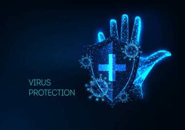 Parlayan düşük çokgen insan eli, kalkan ve virüslerle gelecekçi Coronavirus koruma kavramı