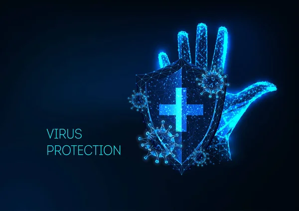 Konsep perlindungan Coronavirus Futuristik dengan tangan manusia poligonal, perisai dan virus yang bersinar rendah - Stok Vektor