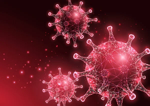 Futuristic Coronavirus Covid-19 web banner template with glowing low poly virus cells on dark red - Stok Vektor