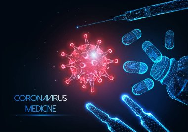 Virüs, aşı, hap ve şırınga içeren gelecekteki antiviral Coronavirus covid-19 ilaç konsepti