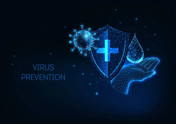 Futurisztikus, ragyogó alacsony poligonális koronavírus covid-19 fertőző betegség elleni védelemmel — Stock Vector