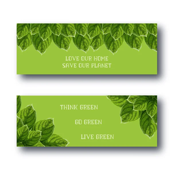 Bandeiras web Happy Earth Day conjunto com molduras de folhas verdes brilhantes e citações motivacionais em fundo verde . — Vetor de Stock