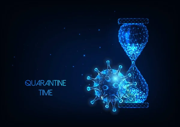 Temps de quarantaine futuriste pendant la pandémie de coronavirus concept avec lueur poly sablier et virus — Image vectorielle