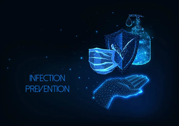 Futuristic coronavirus infection protection concept with glowing hand, mask, sanitizer and shield — Stock Vector