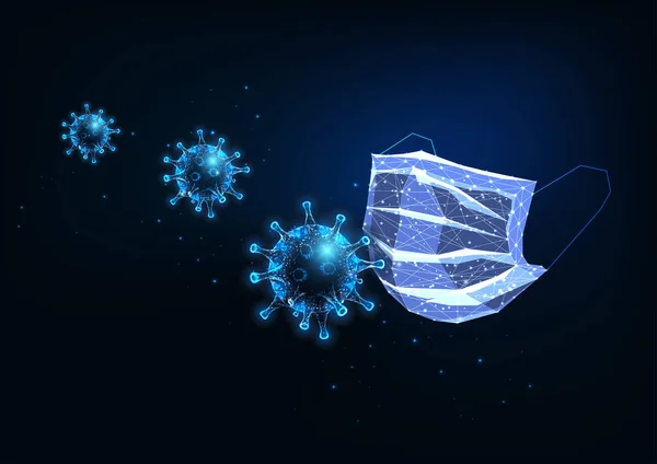 Футуристична блискуча низькокутна медична захисна маска та коронавіруси на темно-синьому фоні — стоковий вектор