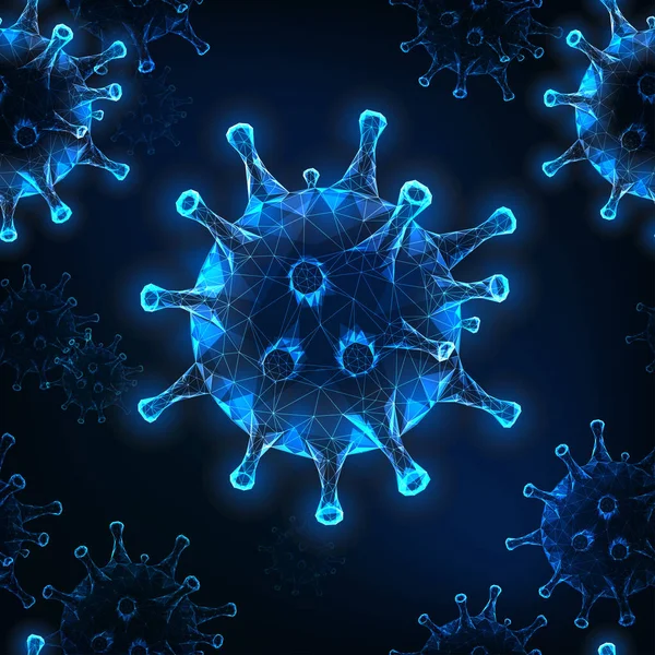 Coronavirus futuriste, motif sans couture Covid-19 avec cellules virales sur fond bleu foncé . — Image vectorielle