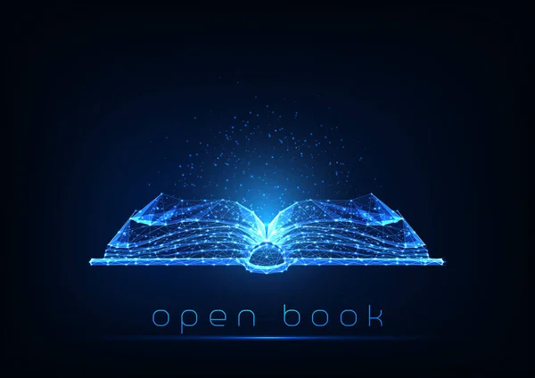 Libro abierto poligonal bajo brillante futurista aislado sobre fondo azul oscuro . — Vector de stock