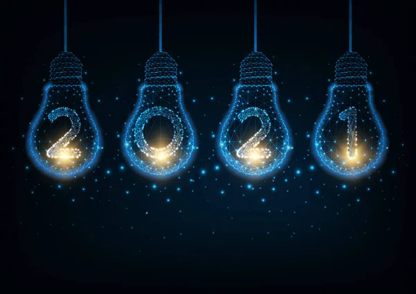Futurystyczny Szczęśliwy 2021 Nowy Rok hi tech koncepcja z oświetlonymi świecącymi nisko wielokątnymi żarówkami — Wektor stockowy