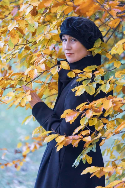 Mujer Bosque Otoñal Con Hojas Coloridas —  Fotos de Stock