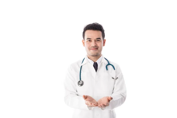 Beyaz arka plan üzerinde Asya erkek tıp doktoru