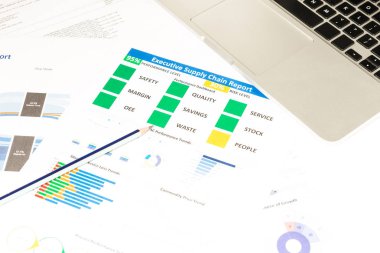 Dizüstü bilgisayar, erzak tedarik chai ile modern beyaz ofis masaları