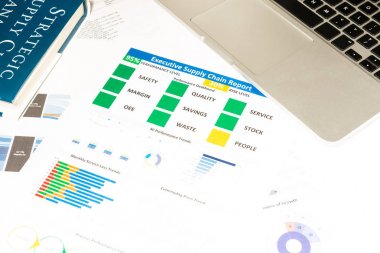 Dizüstü bilgisayar, erzak tedarik chai ile modern beyaz ofis masaları