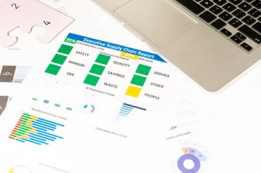 Dizüstü bilgisayar, erzak tedarik chai ile modern beyaz ofis masaları