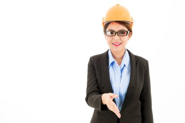 Genç çekici emin Asyalı kadın, turuncu Emanet şapka, cam