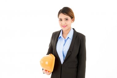 Genç çekici emin Asyalı kadın, turuncu Emanet şapka, cam