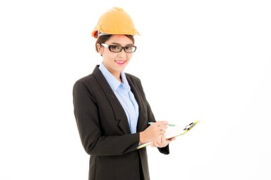 Genç çekici emin Asyalı kadın, turuncu Emanet şapka, cam